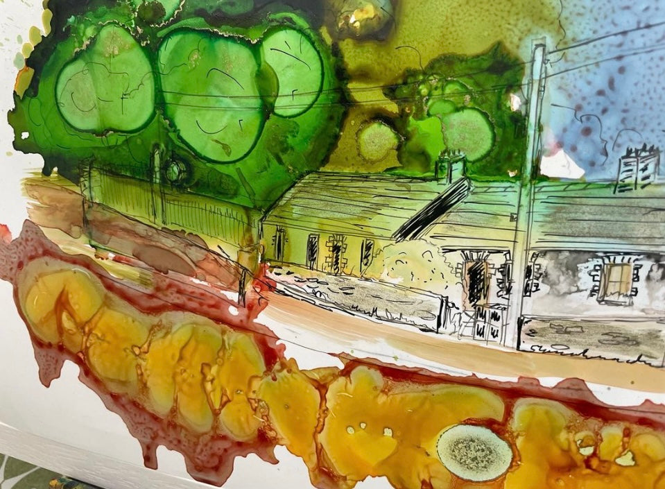 Original Art-Alcohol Ink - Cottage at the end of the hill