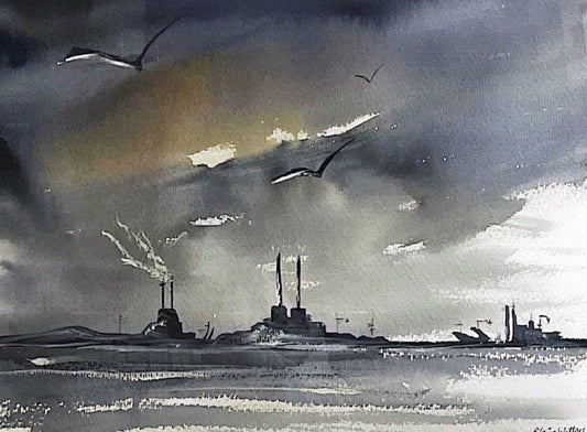 Watercolour - As evening falls over Dublin Bay