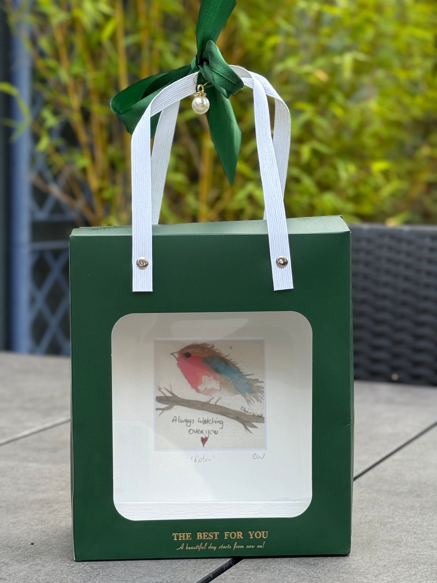 Green gift box with a window featuring a bird illustration, tied with ribbons and a pearl, on a blurred outdoor background.