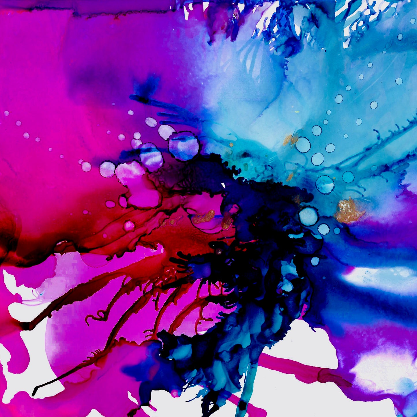 An abstract artwork featuring a vibrant mix of pink, blue, and purple alcohol ink droplets on a white background, enclosed in a cream-colored frame with a double cream mount and glass finish.
